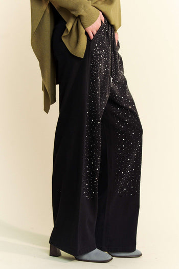 Davi & Dani Stone Embellished Wide Leg Pants in Black