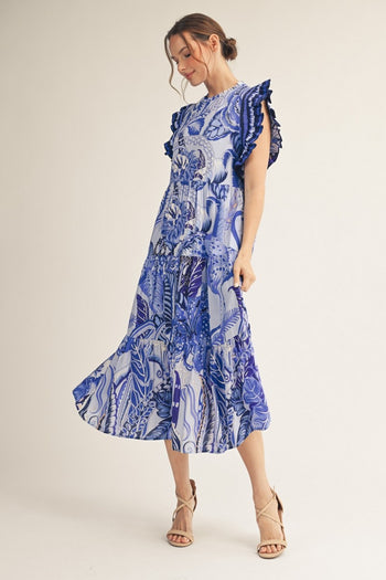 Jodifl Boho Tropical Print Midi Dress in Blue Mix S at June Adel