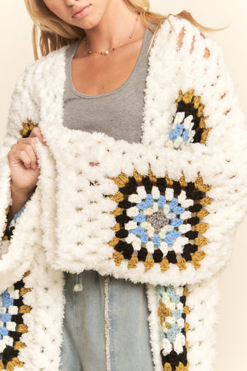 Davi & Dani Granny Square Crochet Cardigan in White Multi