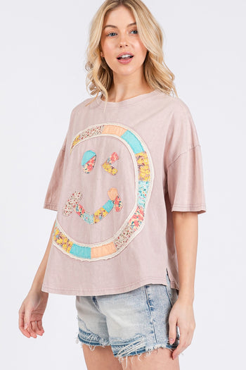 Sage+Fig OVERSIZED Top with Mixed Print Smiley Face Patch on Front in Mauve