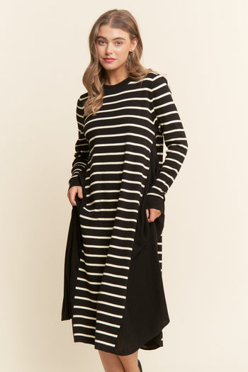 J.nna Color Block Striped and Solid Maxi Dress in Black White S J.nna Color Block Striped and Solid Maxi Dress in Black White S