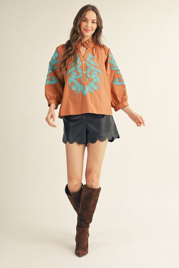 Jodifl Baroque Applique Detail Top in Toffee/Turquoise