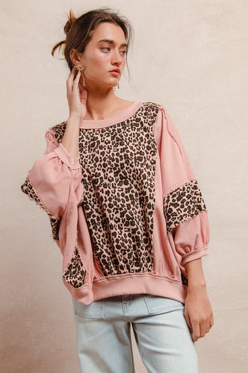 BiBi OVERSIZED Washed Leopard and Light Denim Top in Mauve