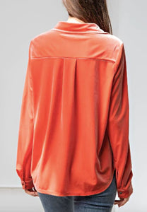 Easel Button Down Velvet Top in Pearl Coral Shirts & Tops Easel   