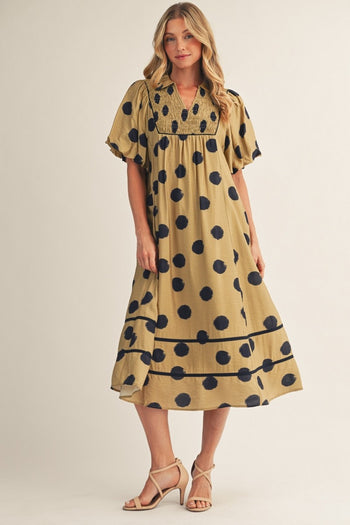 Jodifl Puff Sleeves Polka Dot Midi Dress in Golden Olive/ Navy
