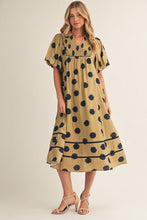 Load image into Gallery viewer, Jodifl Puff Sleeves Polka Dot Midi Dress in Golden Olive/ Navy
