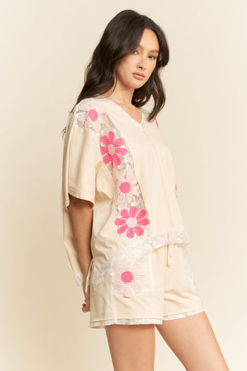 Davi & Dani OVERSIZED Knit and Lace Top with Flower Patches in Beige Multi