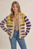 In February Playful Color Story Multi Color Stripe Button-down Cardigan in Natural/Olive Mix