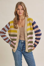 Load image into Gallery viewer, In February Playful Color Story Multi Color Stripe Button-down Cardigan in Natural/Olive Mix
