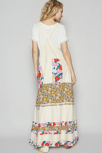 POL Mixed Print Patchwork Overall Dress in Oatmilk