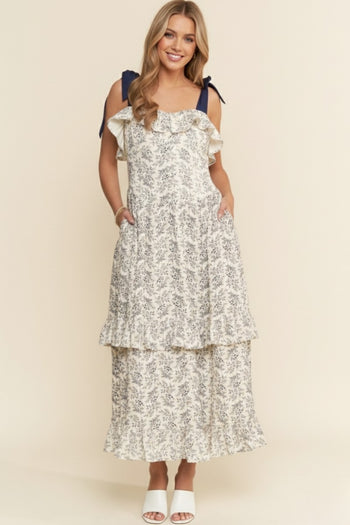 J.nna Floral Print Ruffle Detailed Maxi Dress in Indigo
