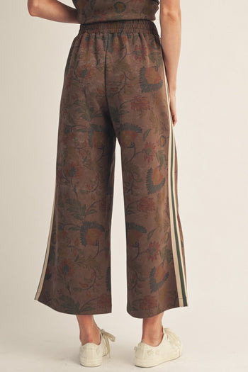 Jodifl Color Rib Band Side Accent Wide Leg Floral Pants in Brown