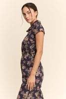 Davi & Dani Floral Print Scuba Zipper Front Jumpsuit in Navy