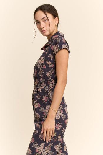 Davi & Dani Floral Print Scuba Zipper Front Jumpsuit in Navy