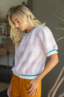 VOY Stripe Band Detail Fuzzy Textured Plaid Top in Pink