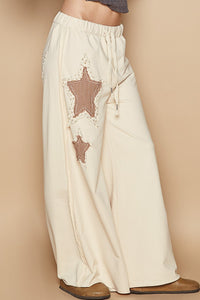 POL Solid Color French Terry Pants with Star Patches in Cream Beige