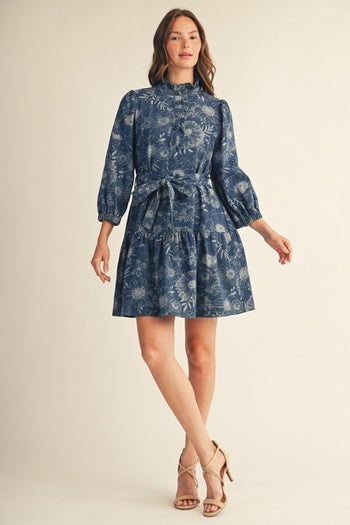 Jodifl Ruffle Detail Textured Denim Dress in Denim