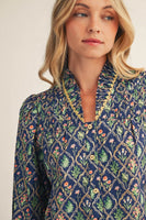 Jodifl Pleated Ruffled Neck Button Down Floral Top in Cobalt Blue