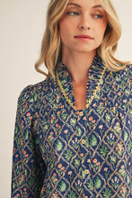 Load image into Gallery viewer, Jodifl Pleated Ruffled Neck Button Down Floral Top in Cobalt Blue
