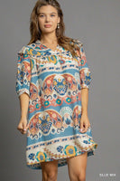 Umgee Border Print Dress in Blue Mix
