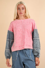 Load image into Gallery viewer, Very J OVERSIZED Terry Knit Top with Denim Sleeves in Rose
