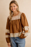 BiBi Solid Woven Balloon Sleeve Square Neck Blouse With Lace Trim in Camel