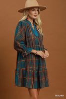 Umgee Mix Plaid Tiered Babydoll Dress in Teal Mix