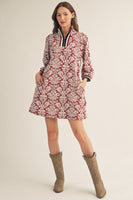 Jodifl Front Half Zip Up Baroque Floral Pattern Dress in Burgundy