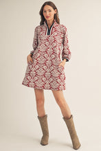 Load image into Gallery viewer, Jodifl Front Half Zip Up Baroque Floral Pattern Dress in Burgundy
