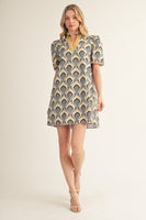 Jodifl Scallop Trim Detail Baroque Floral Shift Dress in Honey Mustard