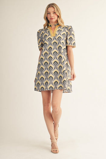 Jodifl Scallop Trim Detail Baroque Floral Shift Dress in Honey Mustard