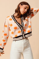 So Me Pumpkin Pattern Soft Knit Cardigan in Oatmeal/Orange