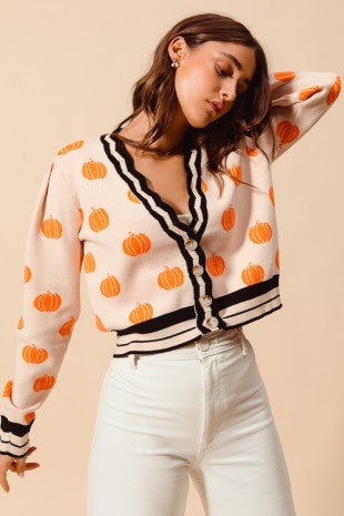 So Me Pumpkin Pattern Soft Knit Cardigan in Oatmeal/Orange