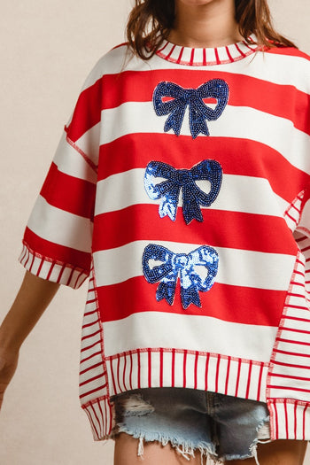 BiBi OVERSIZED Mix n Match Stripe Top with Sequin Bows in Red