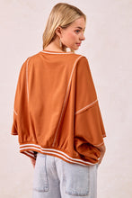 Load image into Gallery viewer, BiBi OVERSIZED French Terry Top with GAME DAY Letter Patchwork Front in Burnt Orange/White
