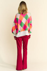 Davi & Dani Multi Colored Diamond Pattern Knit Sweater in Pink Orange