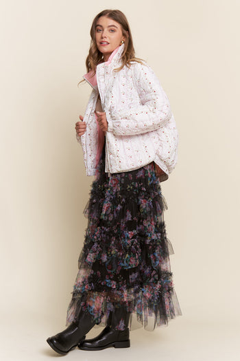 J.nna Double Collar Floral Print Puffer Jacket in Floral White