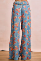 BiBi Floral Print Waffle Thermal Wide Leg Pants in Denim
