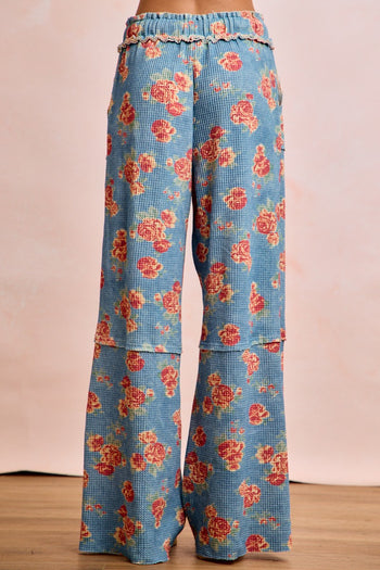 BiBi Floral Print Waffle Thermal Wide Leg Pants in Denim