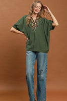 Umgee Leopard Trim Dolman Sleeve Blouse in Olive