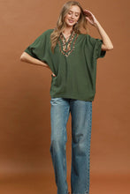 Load image into Gallery viewer, Umgee Leopard Trim Dolman Sleeve Blouse in Olive
