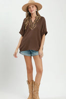 Umgee Leopard Trim Dolman Sleeve Blouse in Brown