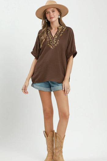 Umgee Leopard Trim Dolman Sleeve Blouse in Brown