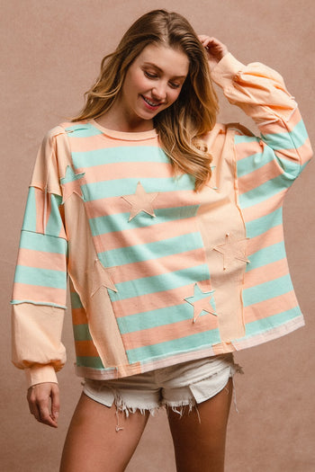 BiBi Striped and Star Patched Top in Peach/Mint