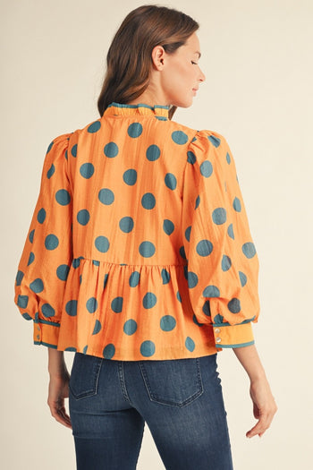 Jodifl Button Down Polka Dot Peplum Top in Orange