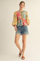 Jodifl Front Bow Tie Color Block Floral Peplum Top in Multi ON ORDER