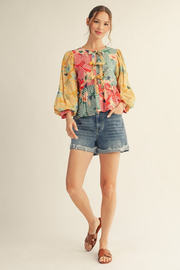 Jodifl Front Bow Tie Color Block Floral Peplum Top in Multi ON ORDER