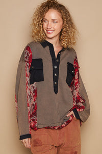 POL French Terry Top with Contrasting Color and Plaid Details in Charcoal