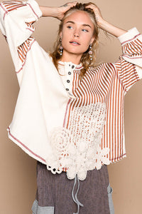 POL OVERSIZED Thermal and Woven Knit Top with Crochet Patch Details in Cream Multi