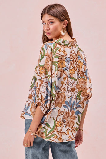 BiBi Bold Multi Color Floral Print Button Down Top in Latte Multi